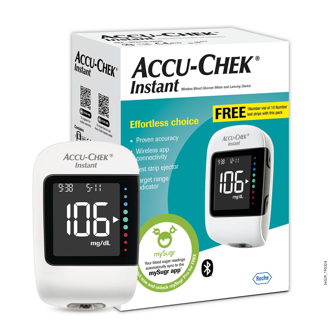 Accu-Chek Instant Blood Glucose Glucometer (with Bluetooth) with Vial of 10 Strips, 10 Lancets